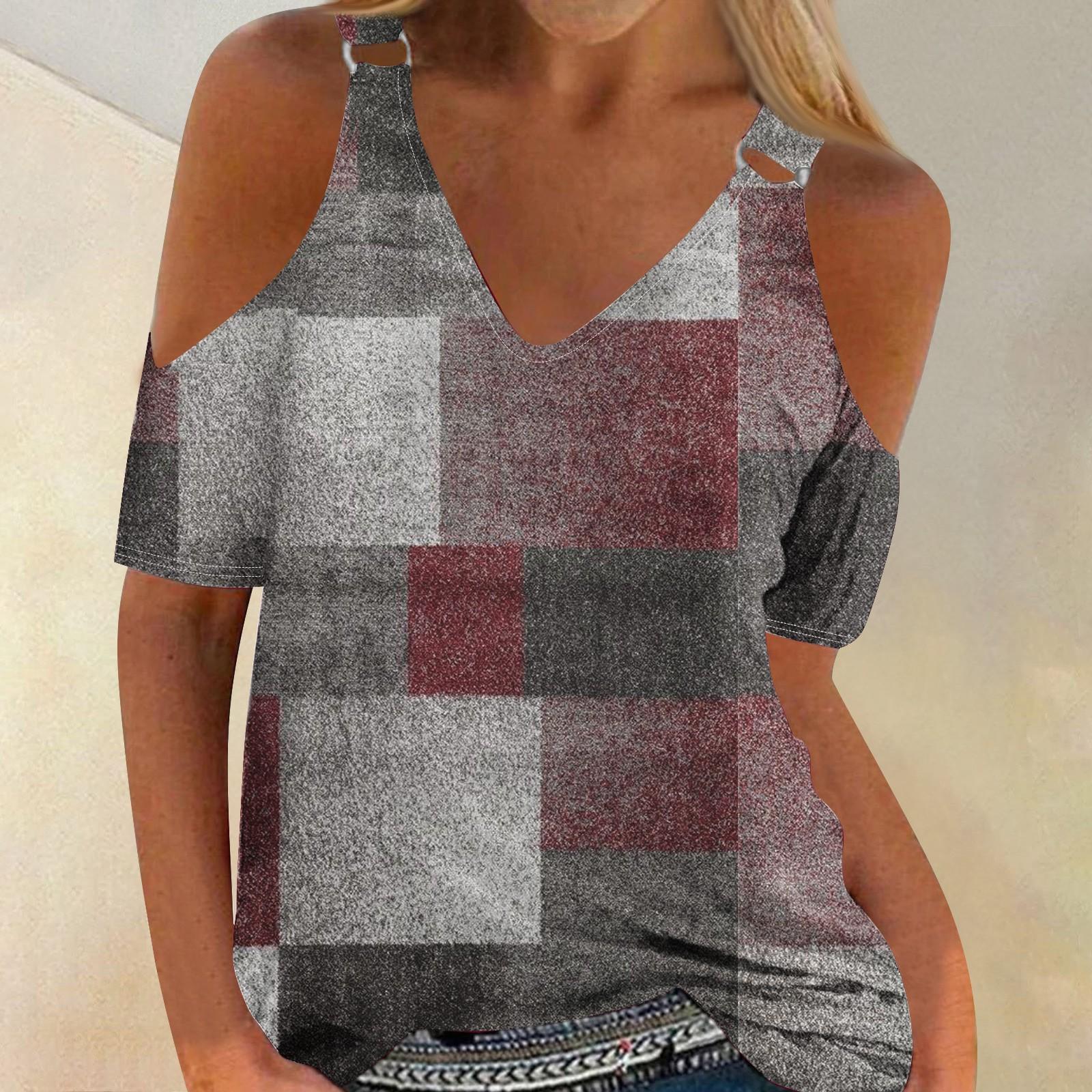 

Жіноча літня вільна футболка з порожнім V-подібним вирізом і короткими рукавами XL винний