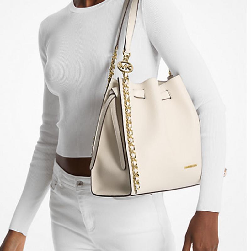 Michael Kors MK Mina Logo Trekkoord Sluiting PU Emmer Tas Dames handtassen Crème-Wit 35H3G4ML3I-2171