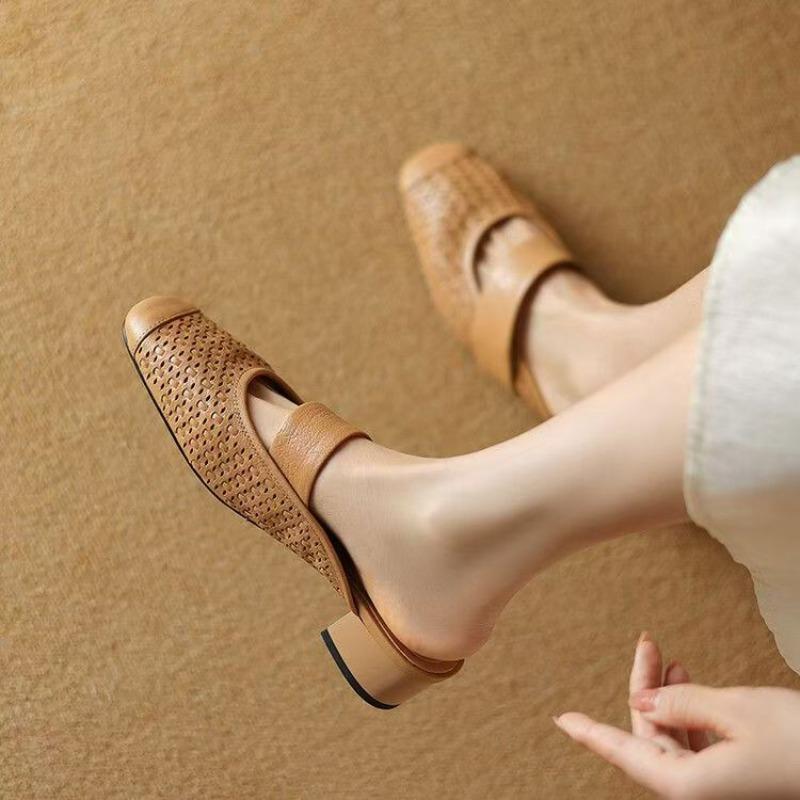 Black Summer New Style Women Sandal Pointed Toe Shallow Slip On Ladies Elegant Slingback Shoes Thin Med Heel Dress Mules