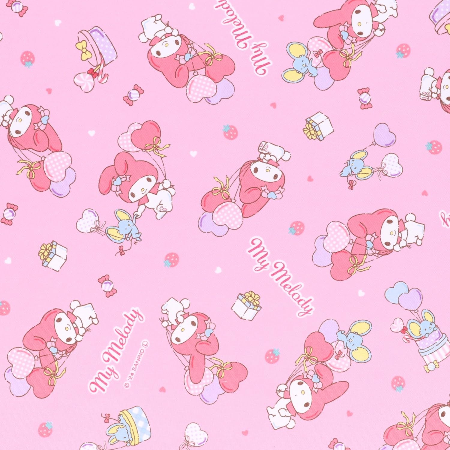 

KIYOHARA Sanrio Characters Fabric Oxford My Melody Heart Balloon 109cm wide x 1m cut Pink 823740
