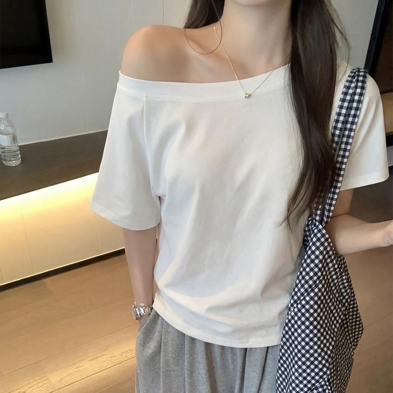 Grey Slanted Shoulder Short-sleeved T-shirt Women's Summer, New Loose and Thin Off-the-shoulder Design, Spice Girl One-word Shoulder Top