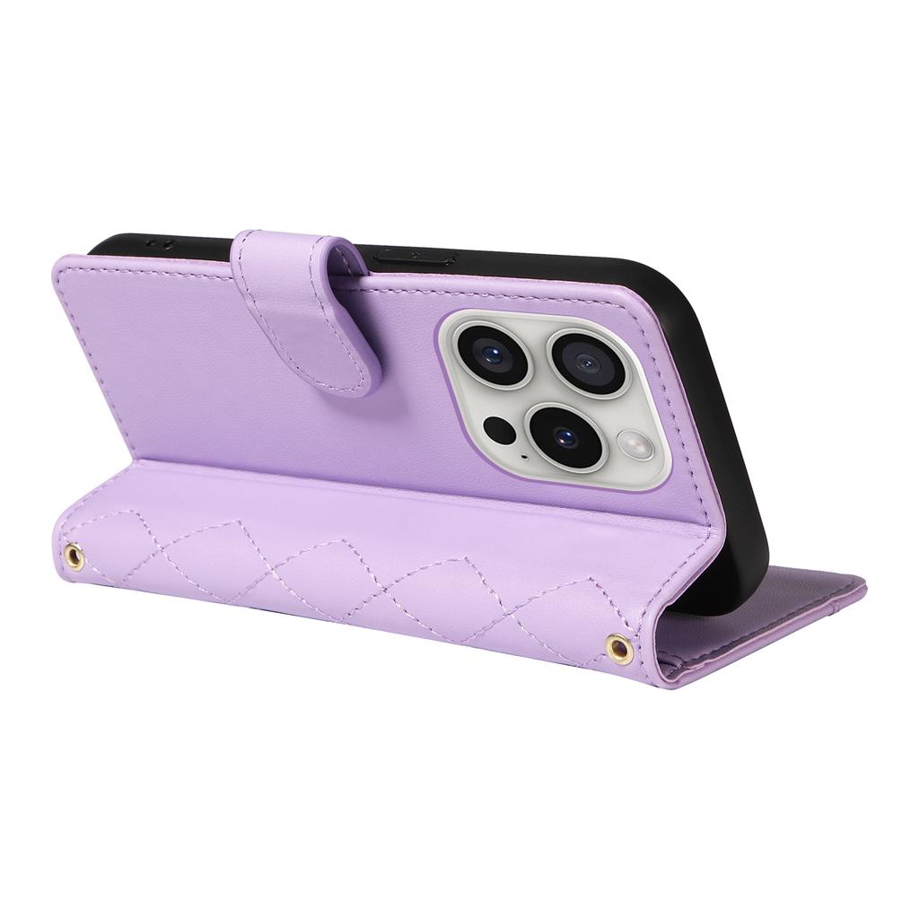 For iPhone 16 Pro Max Case Leather Rhombus Checkered Phone Cover with Detachable Lanyard Straps