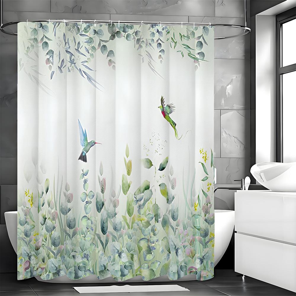 Green Leaf Shower Curtain Sage Eucalyptus Hummingbird White Green Leaf Botanical Floral Aesthetic Shower Curtain with Hooks, Wat