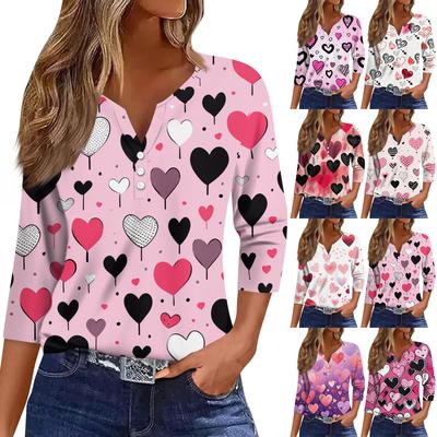Damenmode Knopfleiste V-Ausschnitt Dreiviertelarm Valentinstag-Print Top
