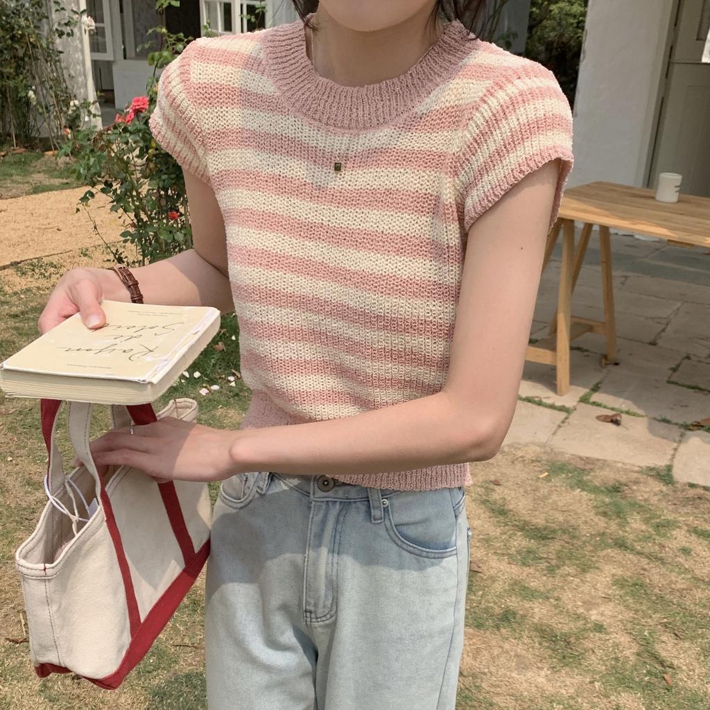 Round Neck Striped Color Blocking Short-sleeved Knit Sweater Female Spring and Summer Design Sense Niche Slim Top Tide Casual Slim Fit Pullovers Tees