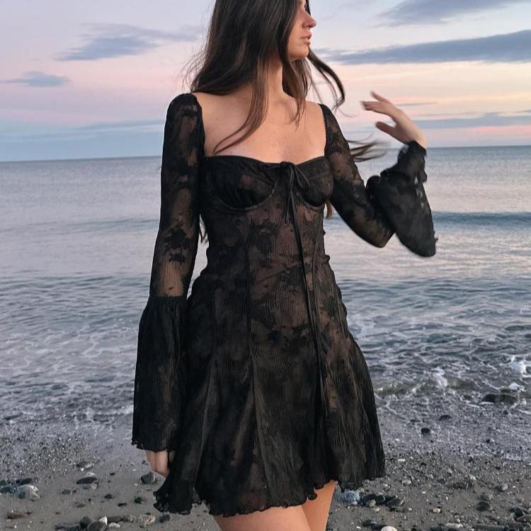 

LYRIA Женские модные платья бодикон с квадратным вырезом, элегантные платья мини с сеткой и кружевом без бретелек с длинным рукавом и вырезами, новая женская праздничная одежда S чёрный