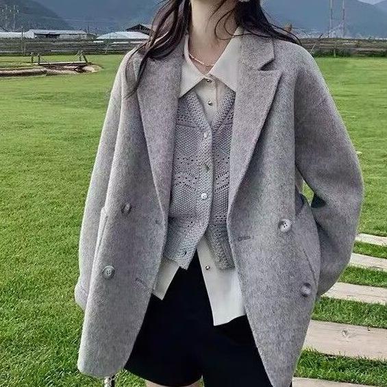 

Жіноче коротке двостороннє вовняне пальто з коміром під костюм та спандексом, зимове пальто S (45-65 kg)