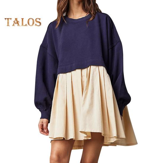 

Женское платье Плиссированное платье-свитер с круглым вырезом в стиле пэчворк Свободное платье-свитер с длинными рукавами А-силуэт Большой свободный свитер Мини-платье осень-весна S темно-синий