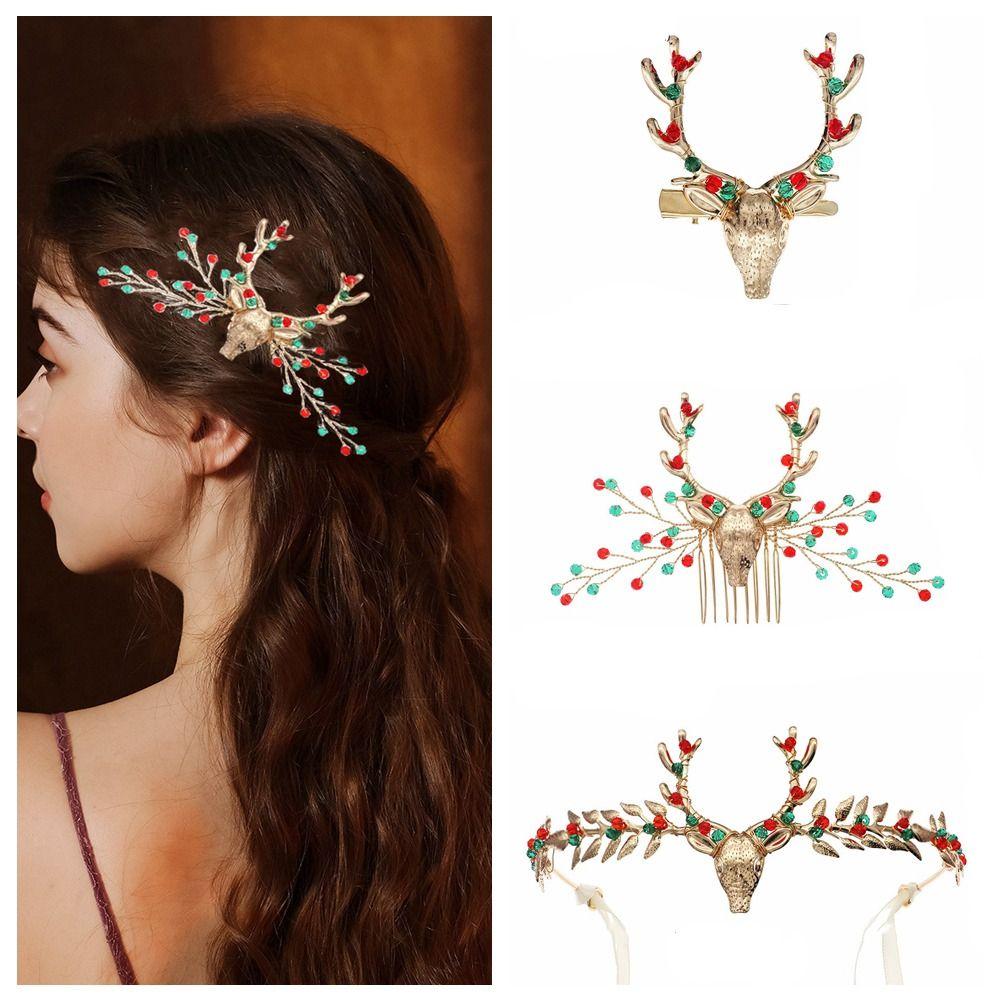 Hair Comb Hairpin Set Crystal Antlers Hairband Vintage Christmas Headband Merry Christmas