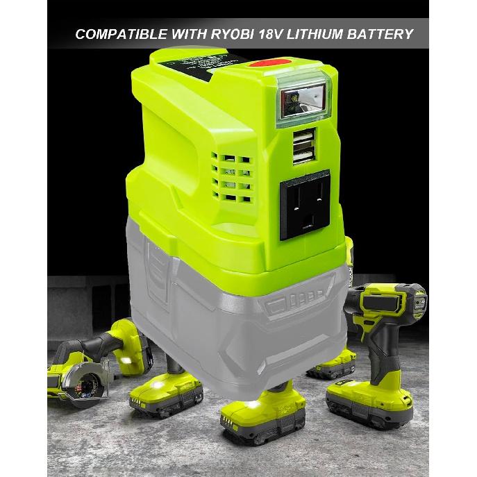 150W Power Inverter Generator Fit for Ryobi 18V Lithium Battery, DC 18V to AC 110V-120V Portable Power Station, with 2 USB & AC Outlet & 200LM LED