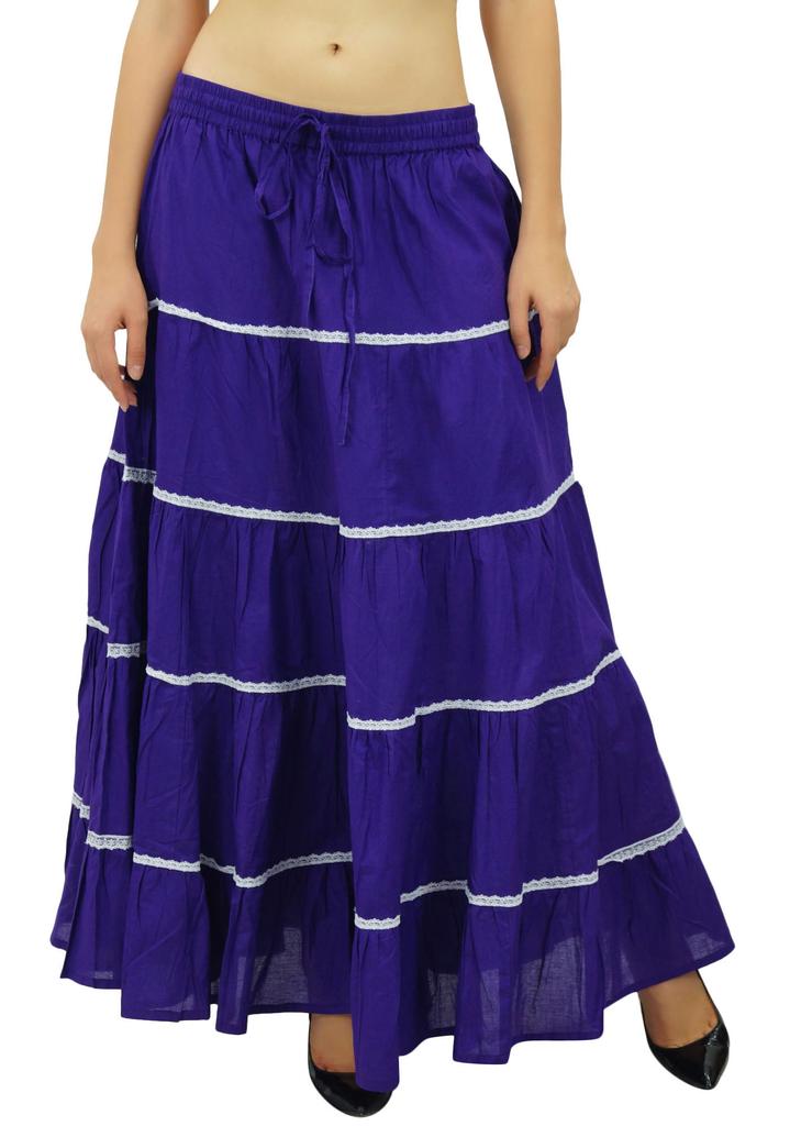 Bimba Damen Langer ausgestellter Baumwollrock Boho Maxi Unterteil Elastische Taille