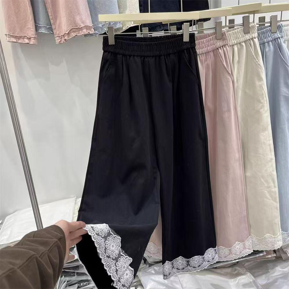 Damen High-Waist Spitzen-Patchwork Weite Hosen - Schlankmachend, Lässig, Verkürzter Gerader Schnitt