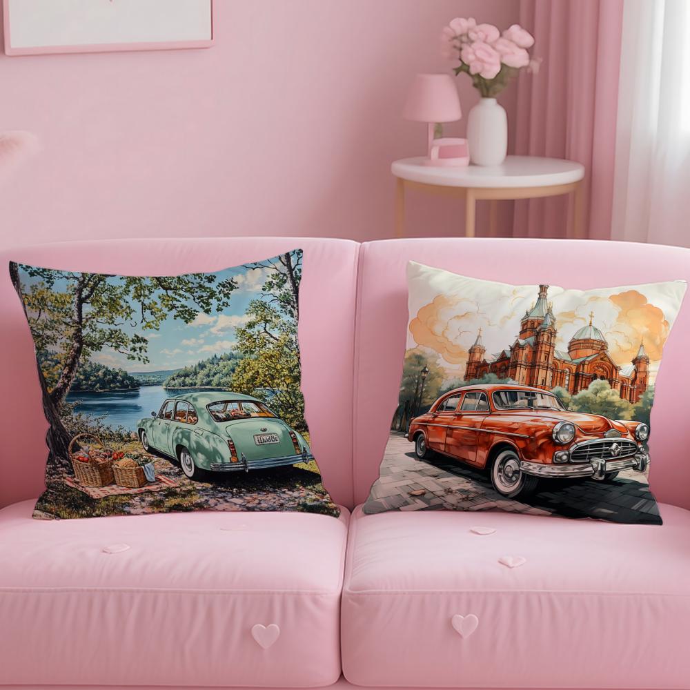 classic theme Vintage Car Cushion Cover Soft & Easy-Wash Pillow Case – Versatile for Couch, Bed, Travel and Office