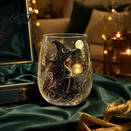 Creative Holiday Gift Fantasy Witch Glass Tea Cup, Gothic Crystal Ball Pattern Tumbler for Halloween Party Glassware Wine Juice, 320ml Vintage