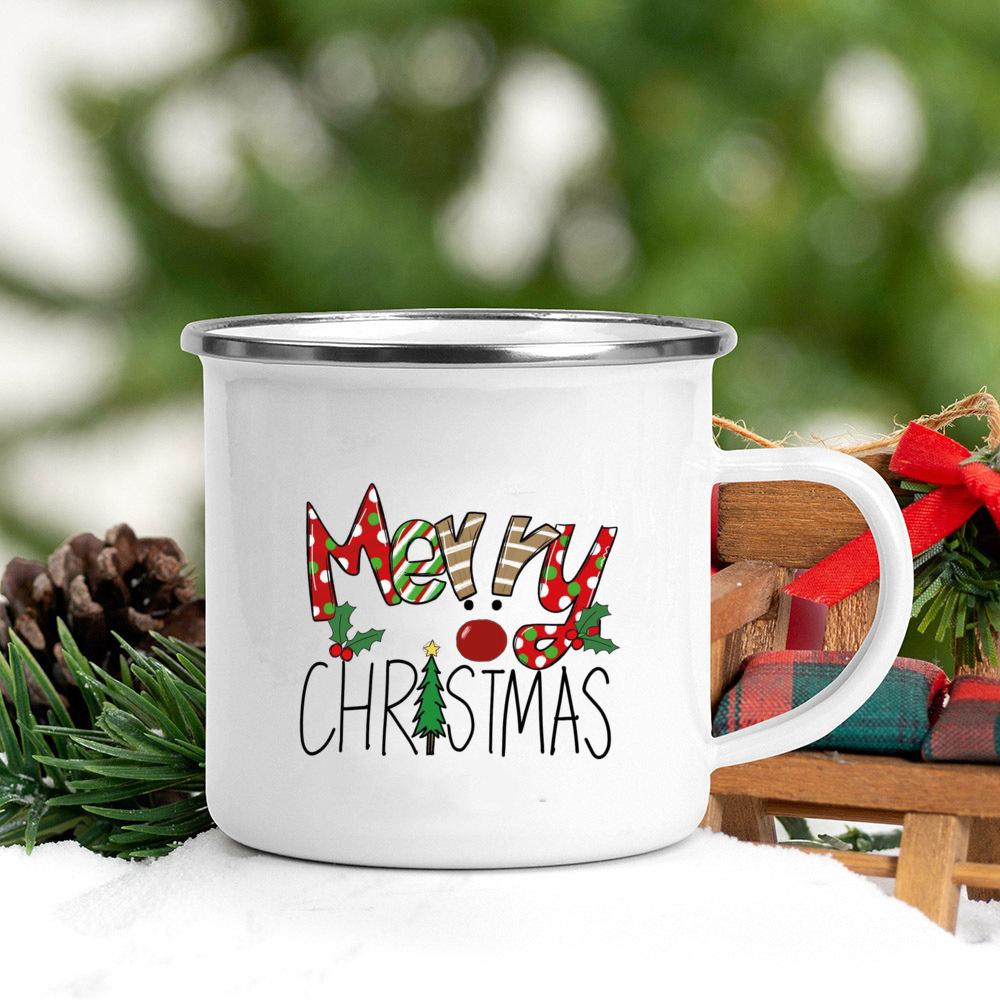 Santa Deer Truck Print Creative Enamel Cups Christmas Party Drink Juice Hot Cococ Cup Mugs Handle Mug Gifts for Family Friends
