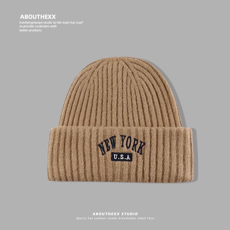 American Retro Letter Embroidery Hat for Women Autumn and Winter Warm Knitted Hat  Face Showing Small Woolen Hat  Men's Pullover Cold Hat Trendy