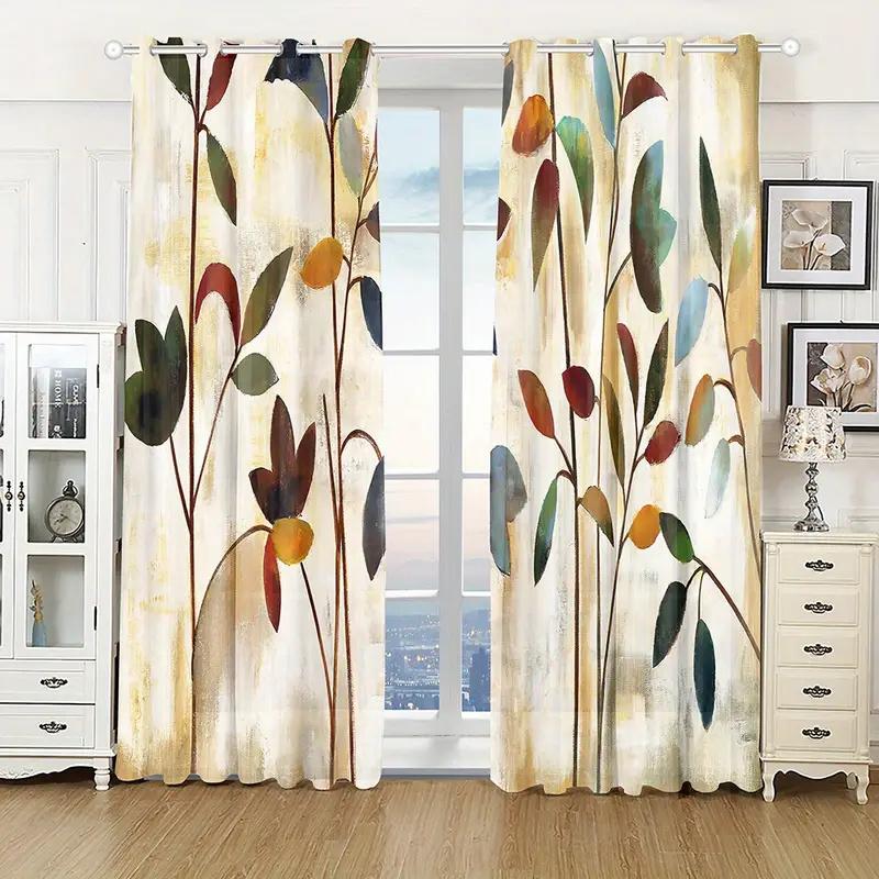 2 Curtains, Watercolor, Plant Leaves, Door Rings, Thermal Noise reduction art, Elegant and Multifunctional Fabric, Met
