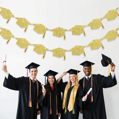 2Pcs Reusable Graduation Party Banner Shining with Tassels Bachelor Hat Banner Glitter Decor Durable