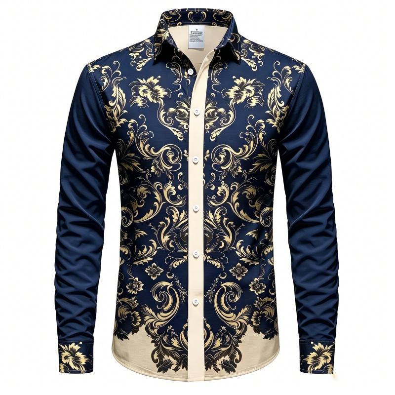2026 Men's Shirt Long Sleeved Shirt Navy Blue Retro Vine Print Contrasting Shirt Casual Vacation Light Luxury Trendy Top