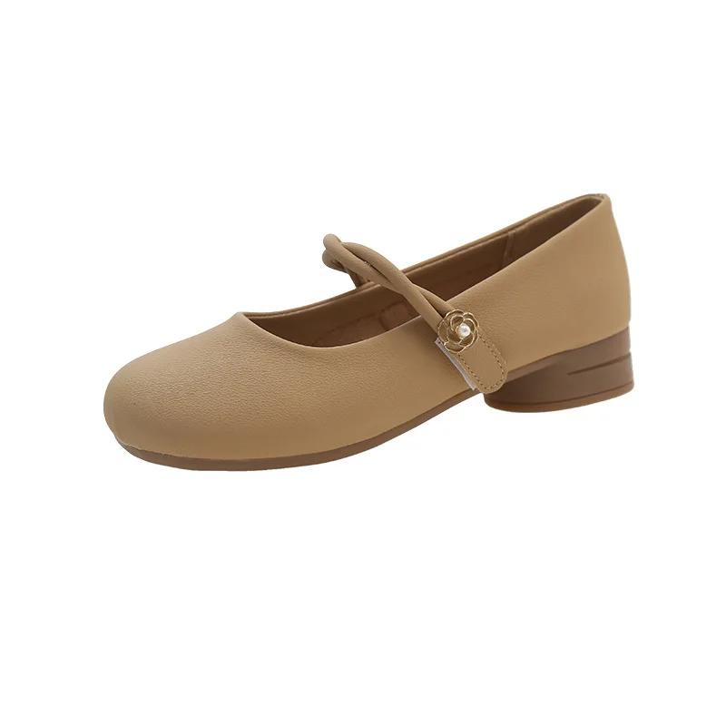 2025 New Mary Jane Single Shoes French Coarse Heel One Button Shallow Mouth Women's Shoes Casual Small Leather Shoes