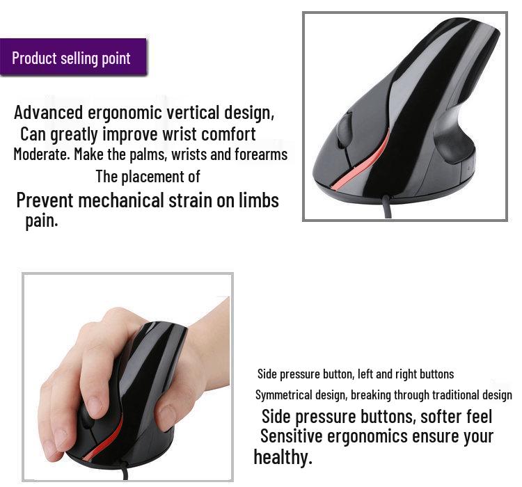 Ergonomic Vertical USB Optical Mouse with Wrist Support - 5-Button Wired Design
