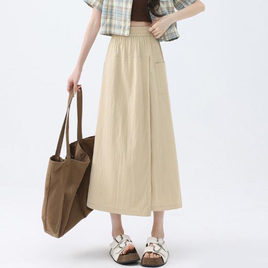Women Cargo Pants Elastic High Waist Wide-Leg Skirt Pants with Pockets Solid Color Summer Thin Leisure Trousers