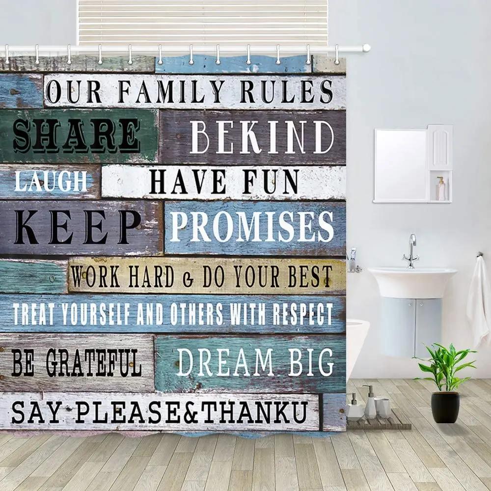 Family Rules Educational Shower Curtain Inspirational Our Family Rules Happiness Quotes Country Wood Board Rustic Cabin Curtains