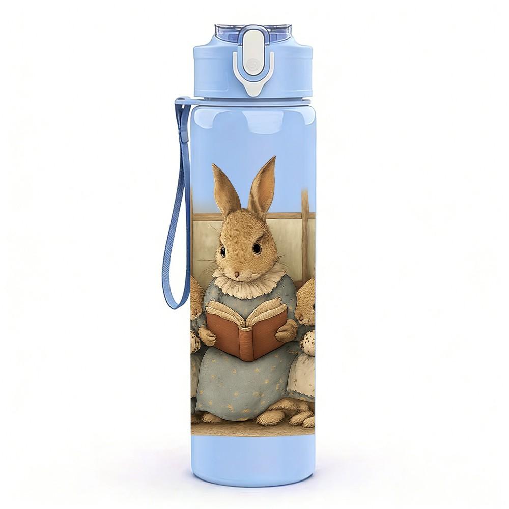 1PC Rabbit Family Book Scene Print 750ml Color Plastic Sports Water Bottle Leakproof Flip Straw Lid Suitable for Sports Office Home Use