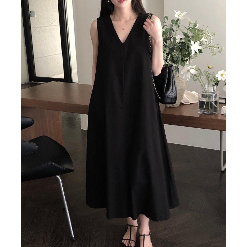 Chic summer French retro V-neck loose casual solid color knee long sleeveless vest dress women