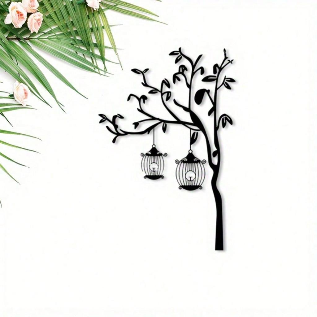 Metal Wall Art Sticker Bird Cage Modern Black Weatherproof Home Decor