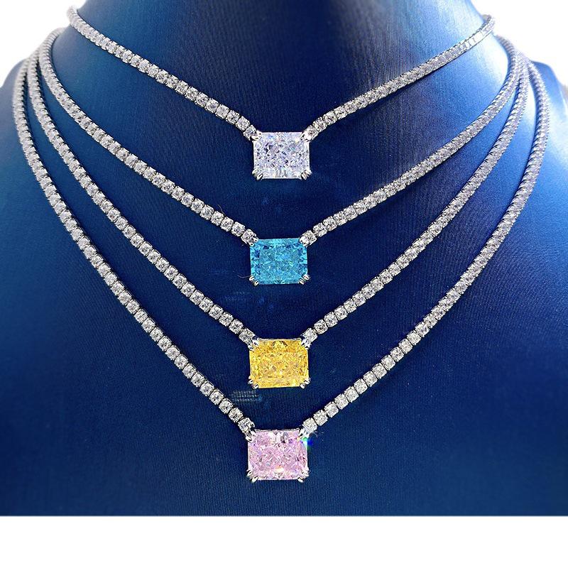 Luoxi Temple S925 Silver Necklace with Pink, White, and Yellow Rectangular High Carbon Diamonds - European and American INS Style