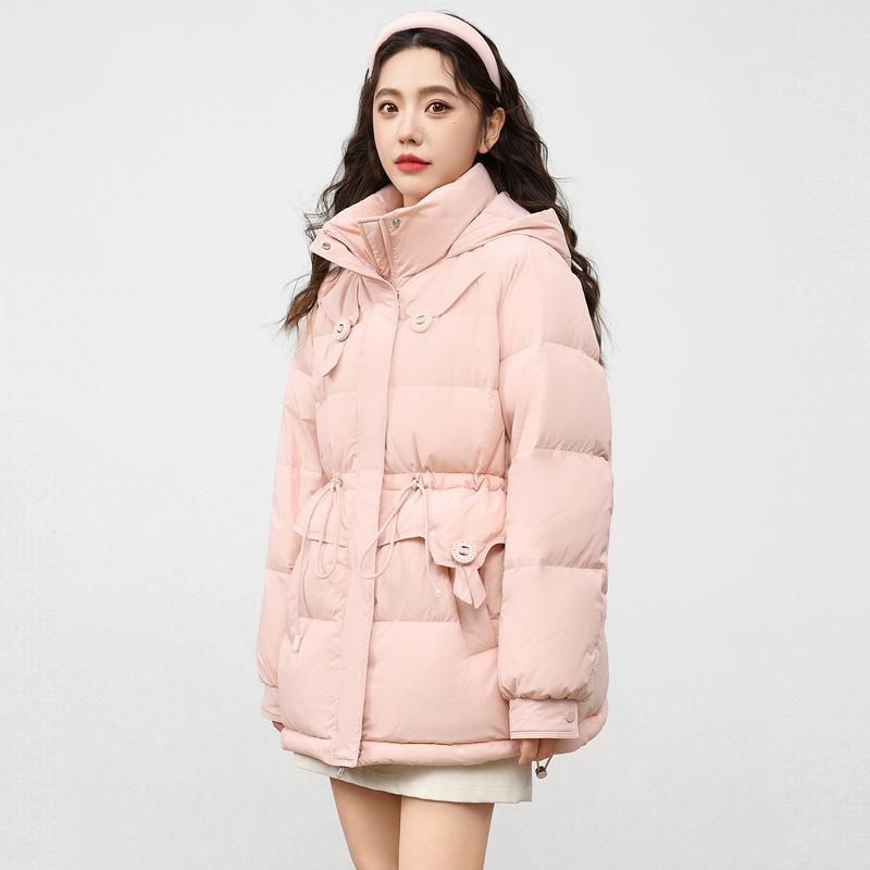 Autumn and winter new down jacket women's medium and long hooded loose top waist thickened warm white duck down jacket