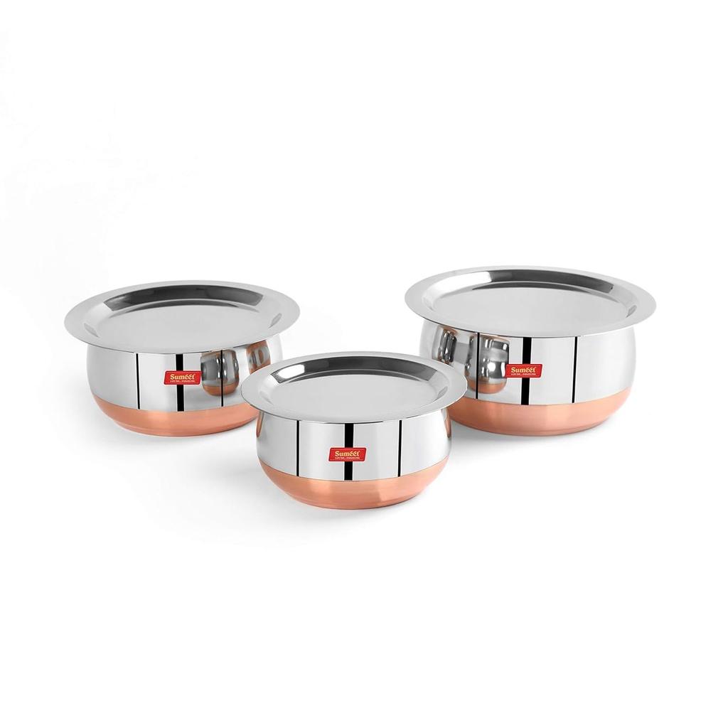 Stainless Steel Copper Bottom Belly Shape 3 Pc Tope/Cookware/Pot Set with Lid 380ML, 500ML, 780ML, (Silver)