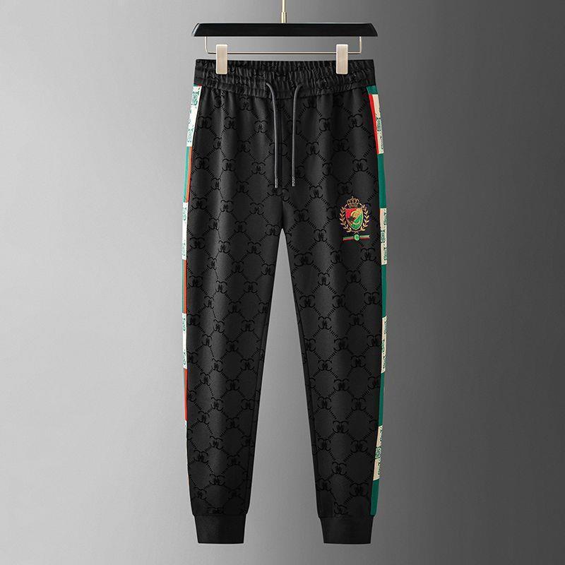 Mens Flocked Track Pants Casual Drawstring Cuffed Trousers Youth Streetwear