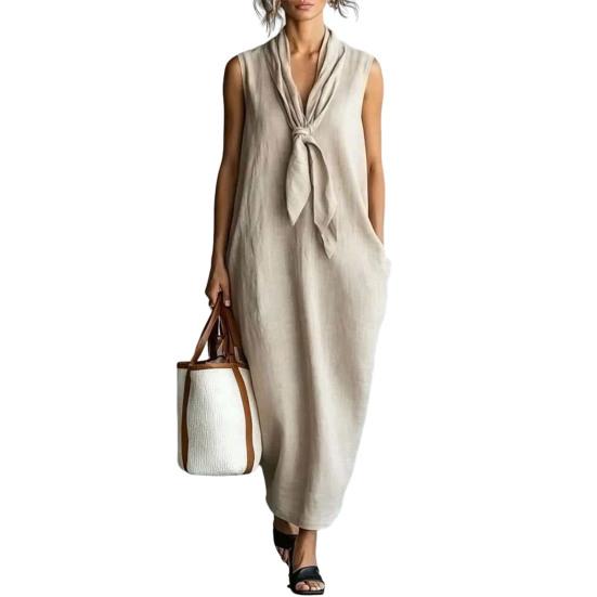 Maxi Abito da Donna con Scollo a V e Nodo sul Davanti, Abito Estivo Senza Maniche Ampio, Casual Fluido da Viaggio Vacanza Lungo con Tasche
