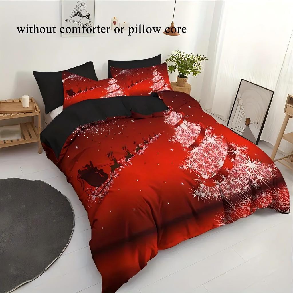 Red Deer Snow Pine Tree Pattern 3D Printed Duvet Cover Set Cartoon Christmas Theme Quilt Cover Set Soft Comfortable Bedding Set
