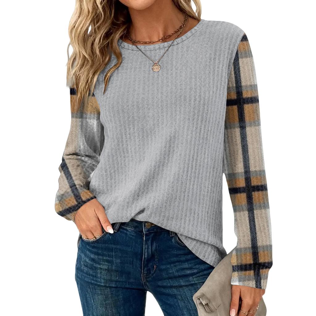 Women's Plaid Print Round Neck Long Sleeve Casual Loose Top