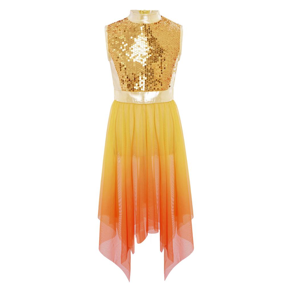 Girls Worship Praise Dance Tunic Dresses Mock Neck Sleeveless Asymmetrical Hem Shiny Sequins Bodice Dress Contemporary Dancewear