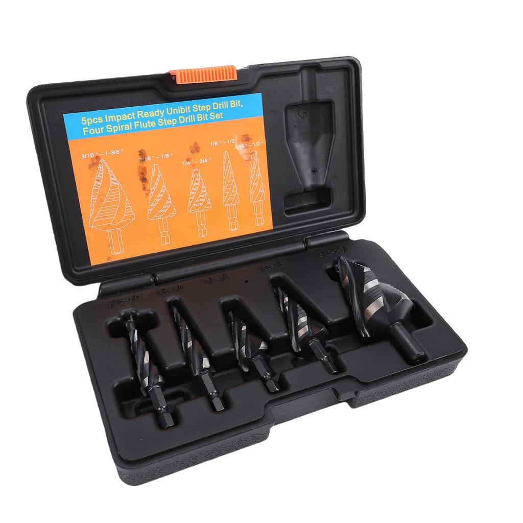 5Pcs Step Drill Bit Set 4 Spiral Flute HSS Bits 1 8in 1 3 8in with 1 4in 3 8in Hex Shank for Stainless Steel Aluminum