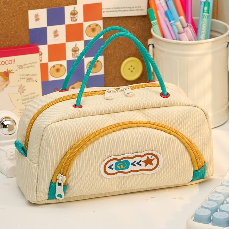 

Large Capacity Color Pencil Case with Lady Handle Multi-Mesh Pocket Storage Bag Contrast Colors Stationery Pouch