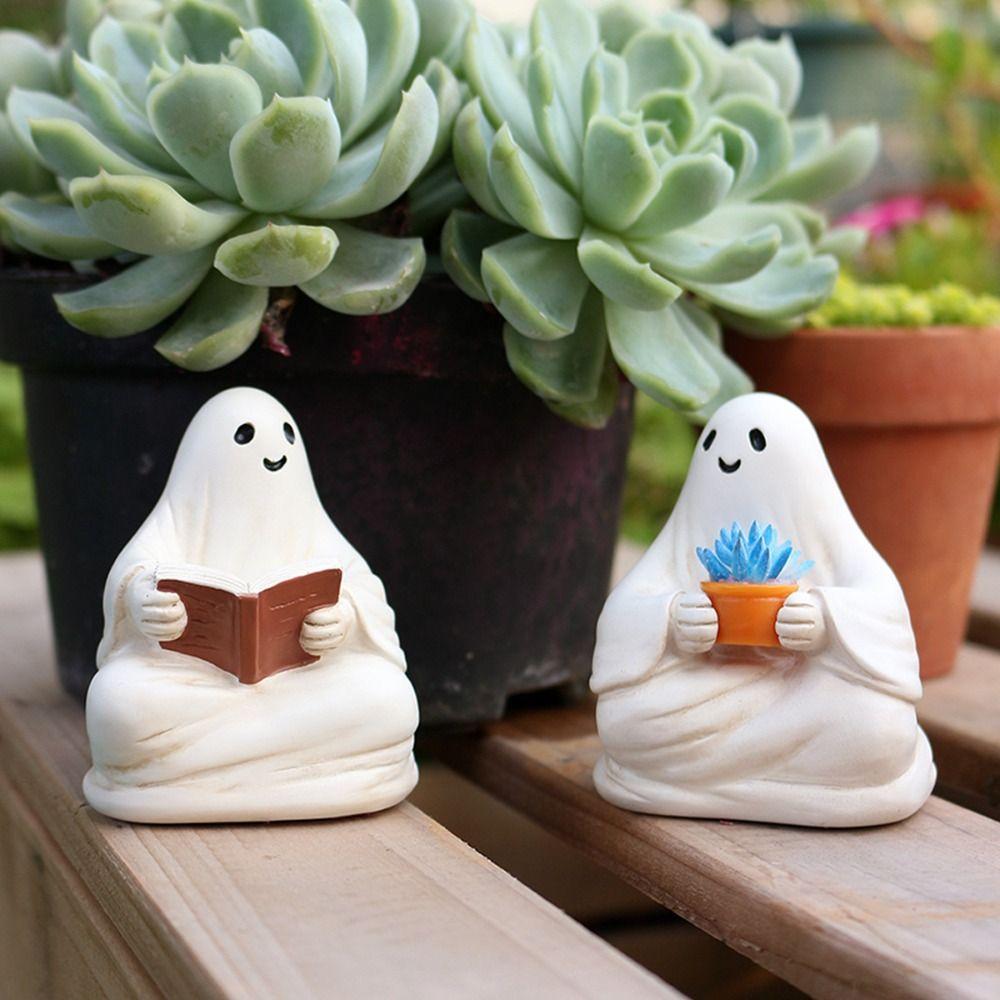 2pcs Resin Halloween Ghost Ornaments Cute Reading Ghost Statue Micro Landscape Ghost Sculpture  Gift