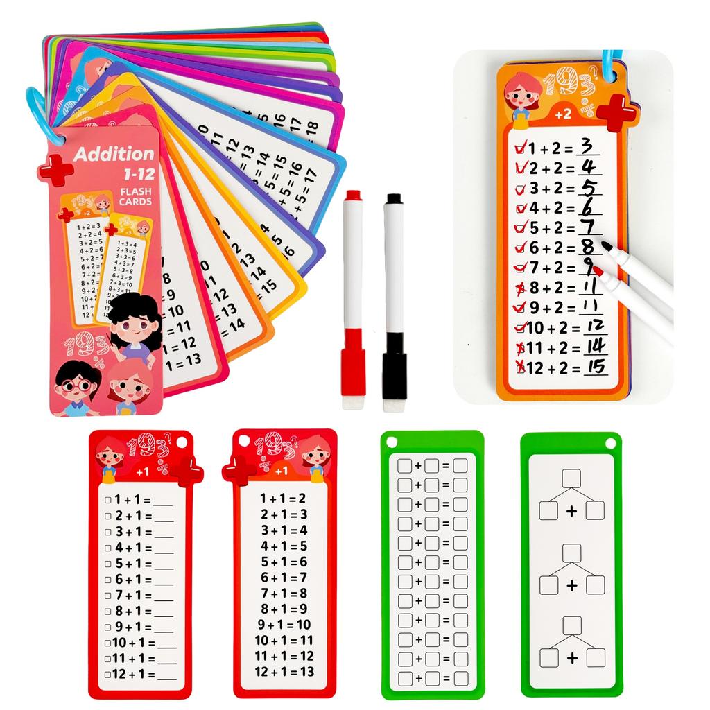 Digital Learning Flash Cards, Addition, Subtraction, Multiplication, Division, Fraction, Math Formula Memory, 15 Cards, Two Erasable Pen Learning Toys