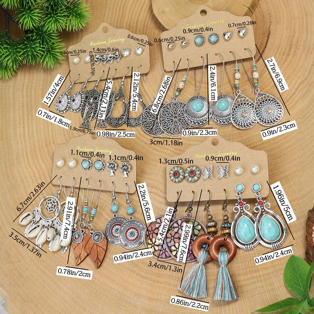 Ethnic Style Zinc Alloy Earrings With Turquoise Inlay Owl Shells Leaf Tassel Decoration Women Pendant Ear Gewelry Versatile