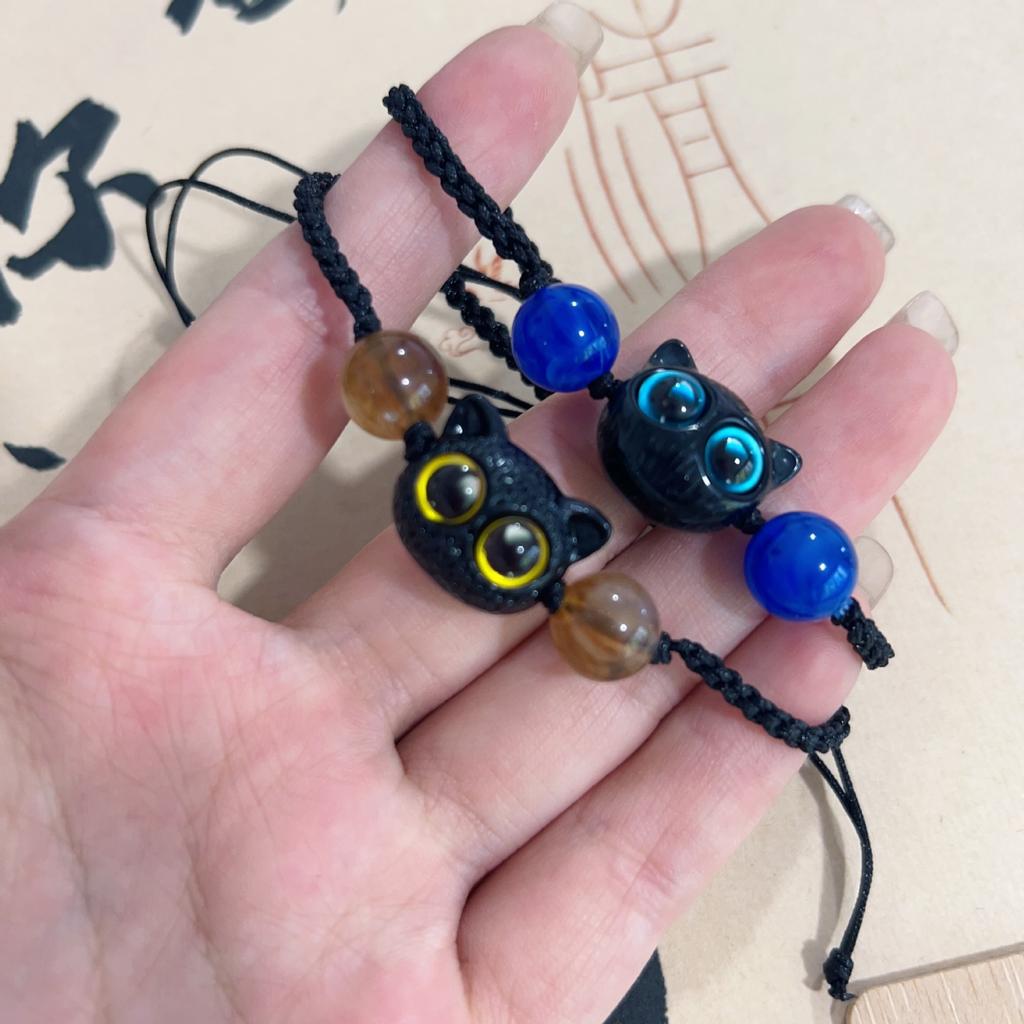 Sweet and cool little meow ins niche design black sandalwood kitten woven bracelet couple gift monster