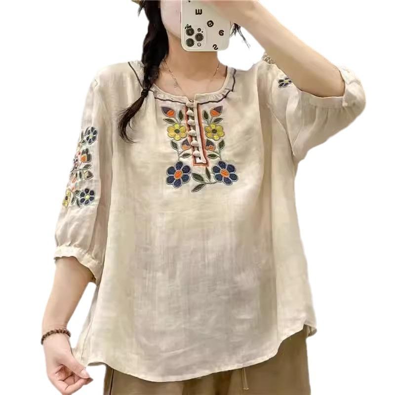 

Большой размер, вышивка в национальном стиле, летний новый стиль, рукав три четверти, хлопок-лен, ретро, литературный, свободная футболка, универсальный топ 2XL