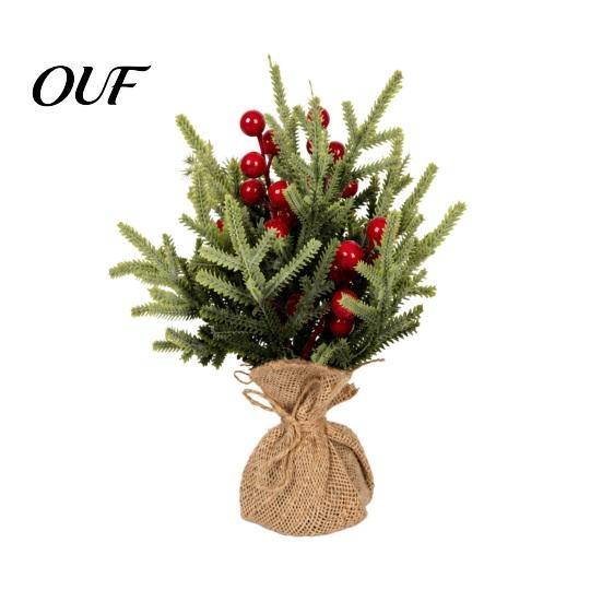 Artificial Pine Tree Desktop Miniature Christmas with Red Berries, Mini Burlap Plant for Home Base, Tabletop Faux Small Potted Holiday Party