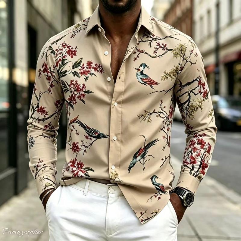 New Men's Shirt Collar Long Sleeved Printed Shirt Street Style Elegant Men's Casual Fashion Top, Comfortable, 17 Colors