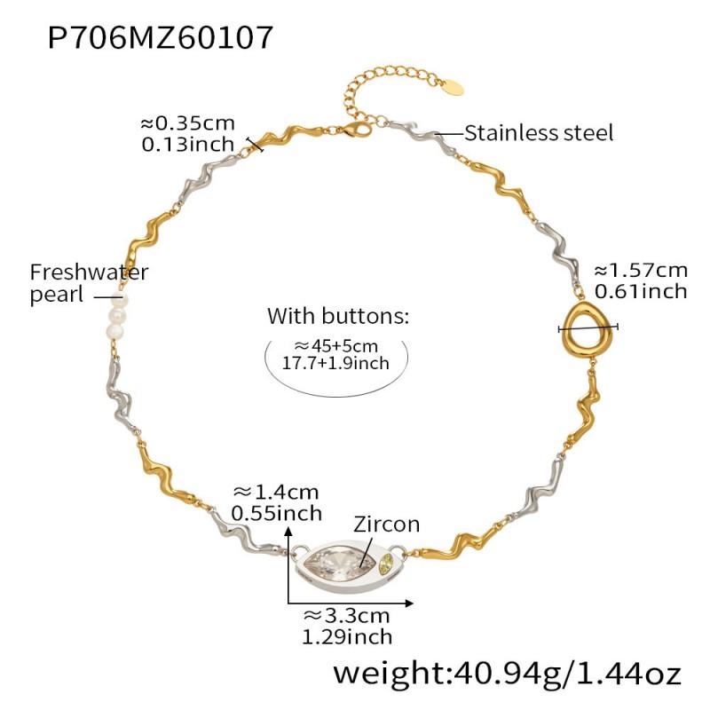 Stainless Steel Geometric Pendant Necklace With Zircon Stone Freshwater Pearl Texture Chain Women