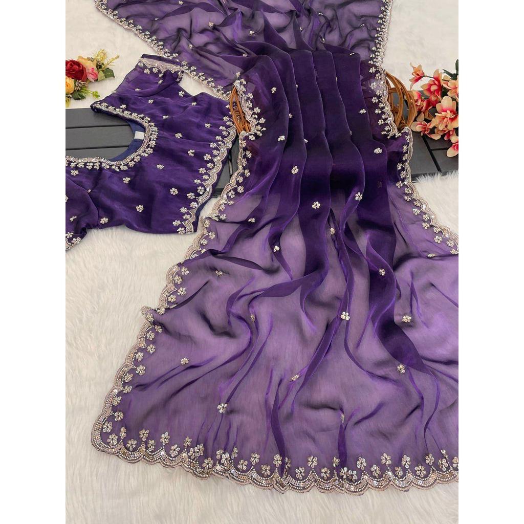 Latest New Wedding Wear Saree Heavy Embroidery Real Wal & Moti With Sequence Work*