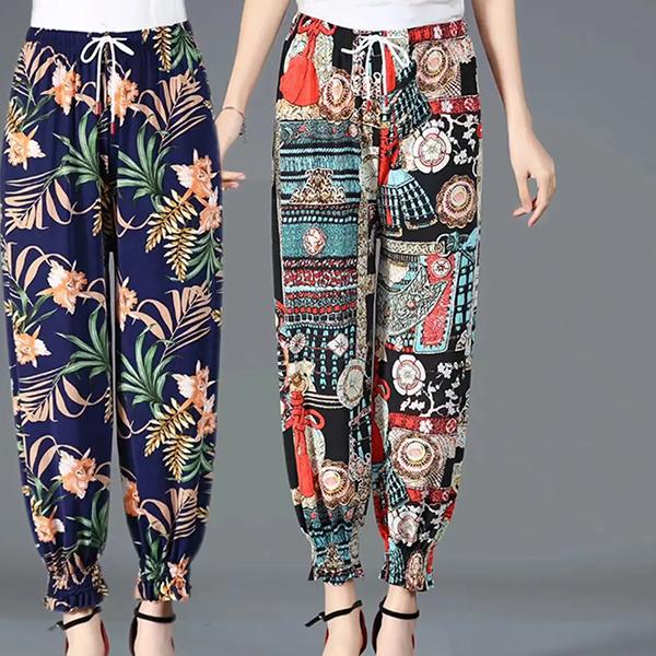 WTEMPO 2PCS Printed Thin Mother's Loose Ice Silk Wide Leg Pants Elastic High Waist Women's Spring Summer Cropped Pants